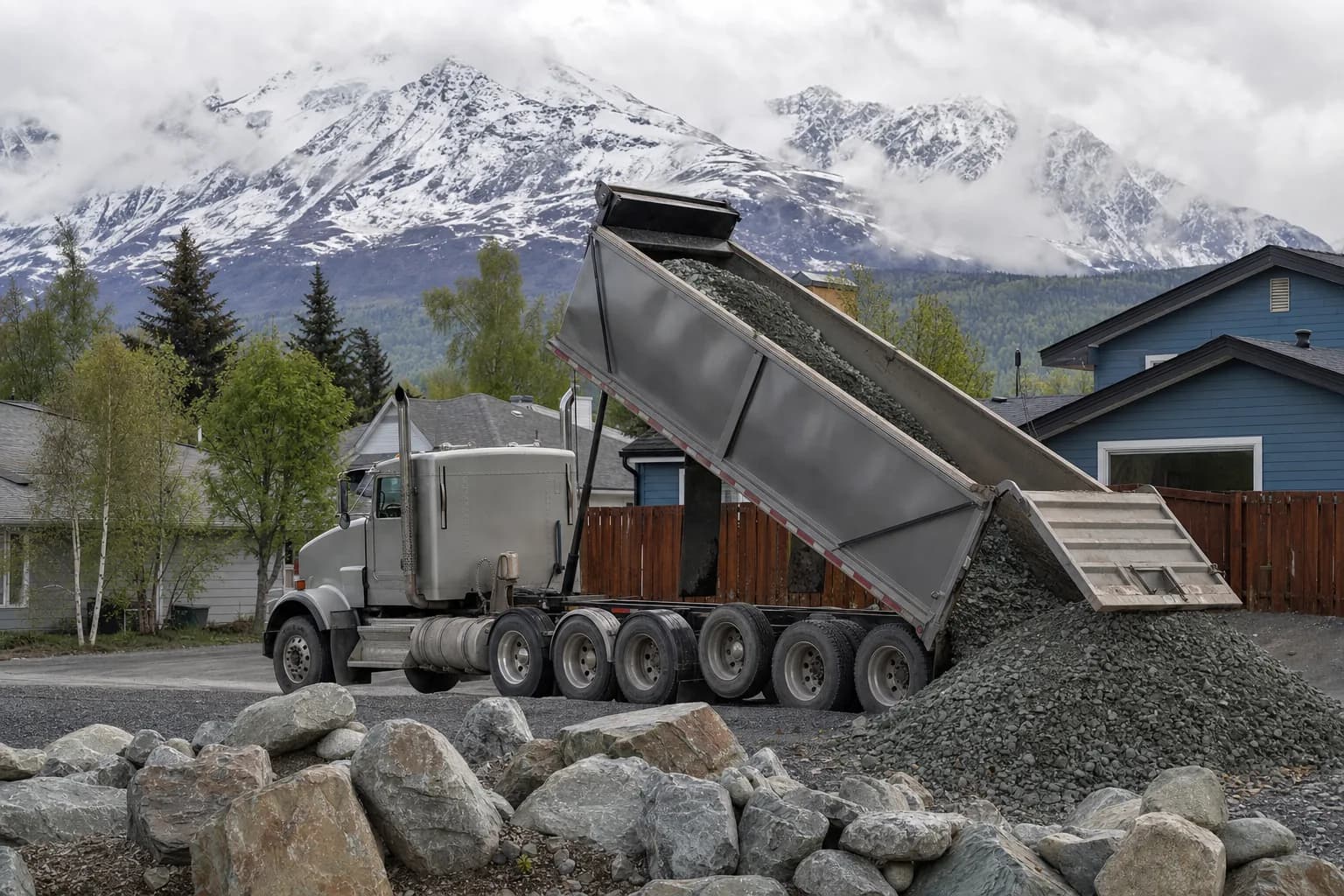 Dump truck delivering gravel to a residential property